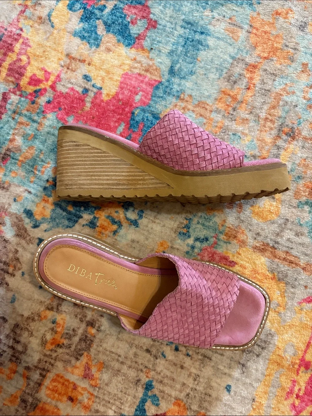 Diba True Pink Woven Slide Wedge Sandals with Stacked Heel